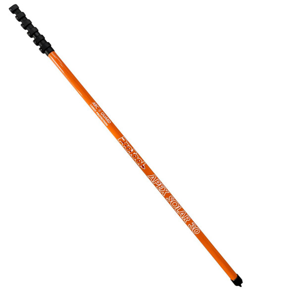 ProTool Apex 30ft Carbon Fiber Rotary Brush Pole, an orange telescopic tool with black joints and a rotary brush head for high-reach cleaning and maintenance.